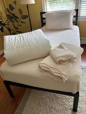 2 twin bed frames, mattresses and bedding 4
