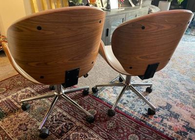 White Leather Wood Swivel Chairs (Set of 2) 3