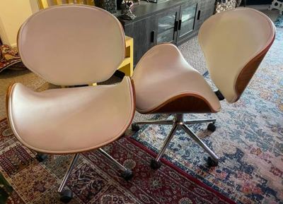 White Leather Wood Swivel Chairs (Set of 2) 1