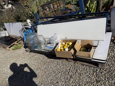3 Glass tops, 2 chairs, gardening water dispenser/container, igloo coo 3