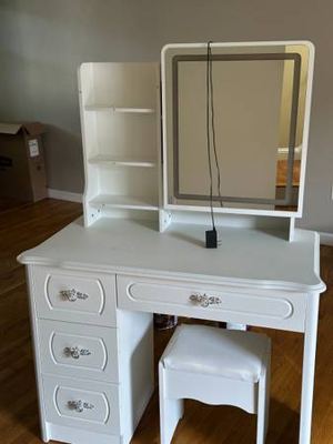 FREE Kids White Vanity Table with Lighted Mirror, Drawers & Stool 1